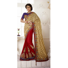 Charismatic Red Colored Embroidered Bhagalpuri Silk Net Saree